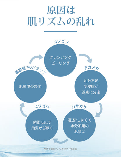 原因は肌リズムの乱れを示す図、クレンジング、ビーニングなどの要素が含まれています。