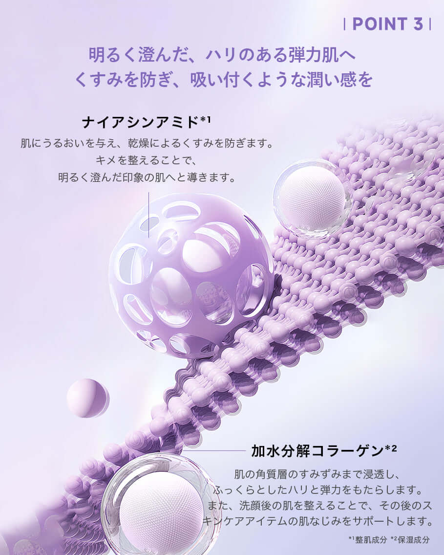 テクスチャー画像：ナイアシンアミドおよび加水分解コラーゲンの成分説明。00:00 アネトス クラリファイング クレー パックの使用方法に関連。