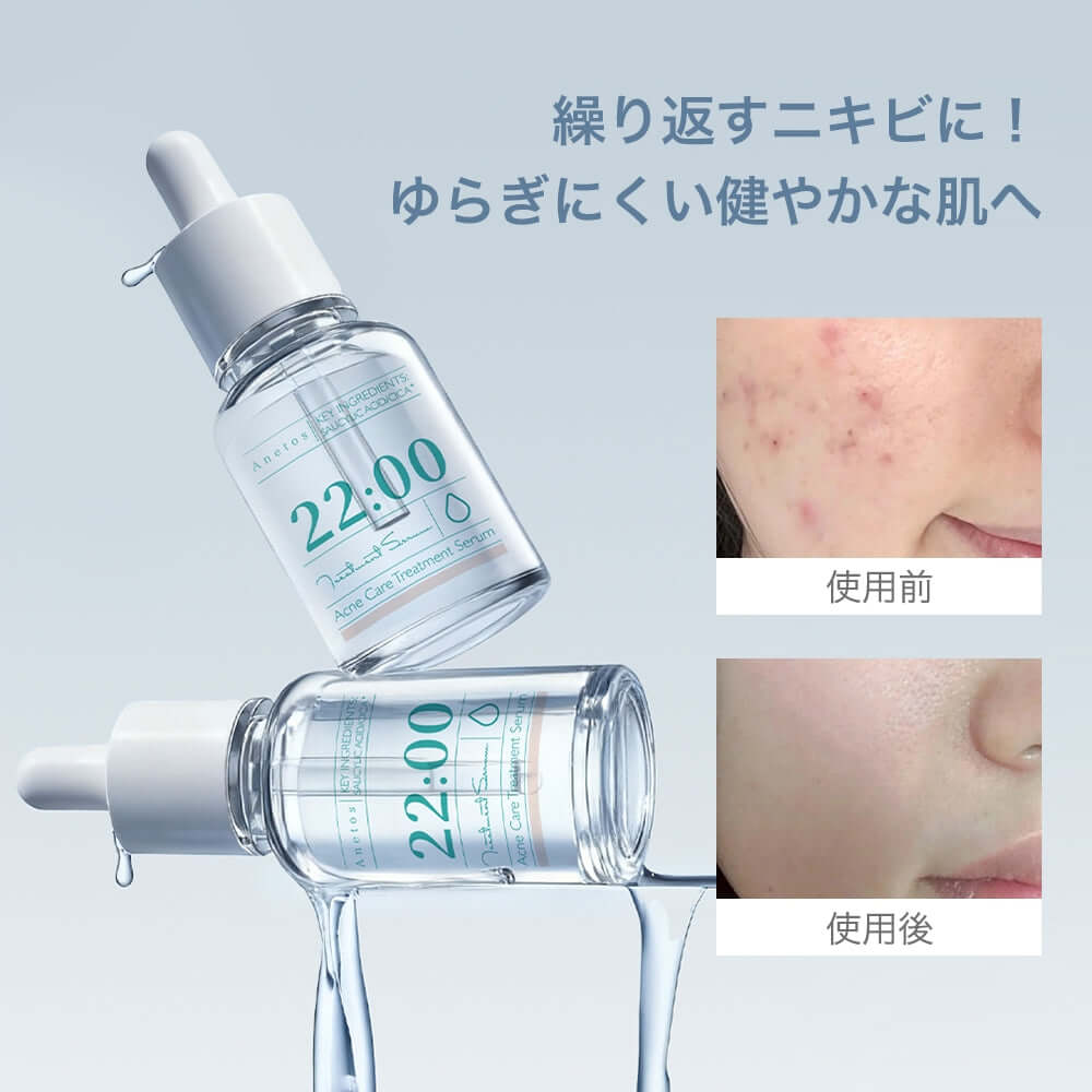 22:00 アネトス セラム 2点セットの使用前後イメージと美容液ボトル画像