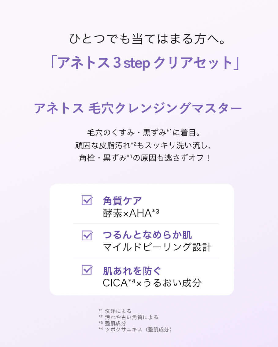 アネトス 3 step クリアセット の特徴を紹介する画像 - 角質ケア、つるんとした肌、肌荒れ防止