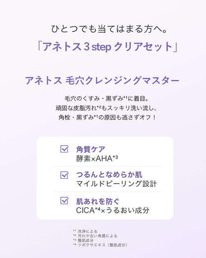 アネトス 3 step クリアセット の特徴を紹介する画像 - 角質ケア、つるんとした肌、肌荒れ防止