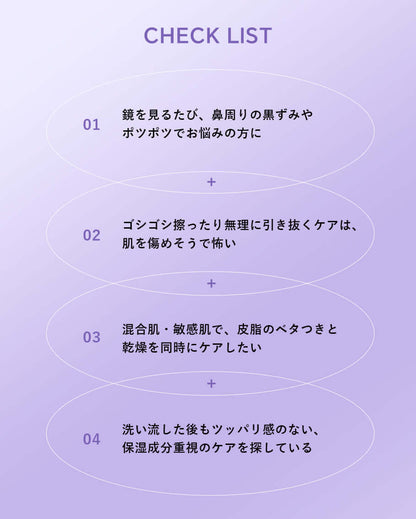 使用方法を紹介する画像。00:00 クラリファイング エッセンス 敏感肌に関するチェックリストの内容が表示されている。